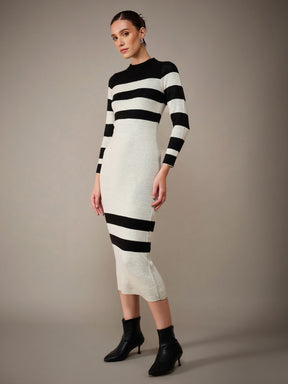 Off-White & Black Acrylic Wool High Neck Jumper Dress-SASSAFRAS