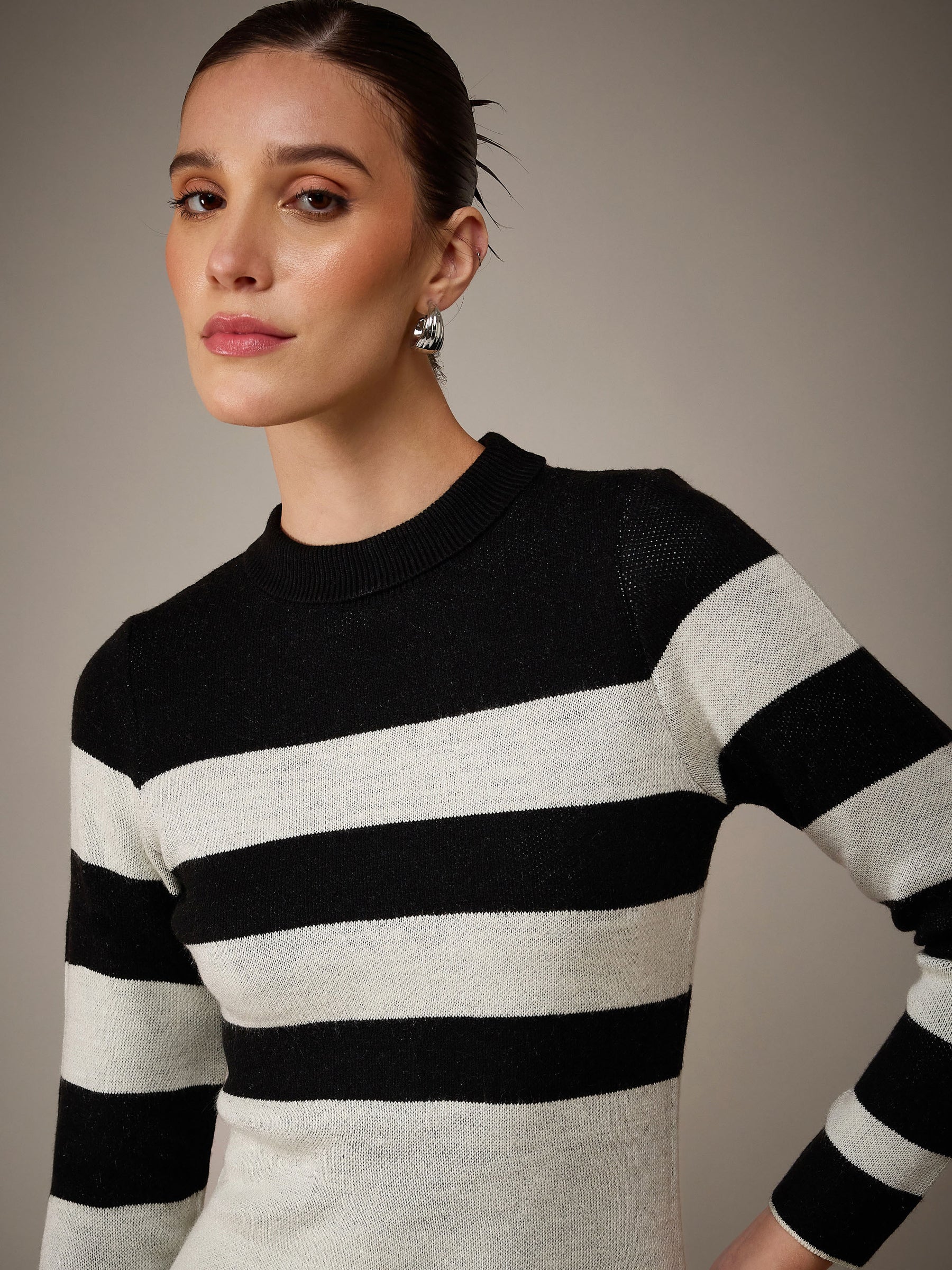 Off-White & Black Acrylic Wool High Neck Jumper Dress-SASSAFRAS
