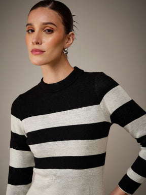 Off-White & Black Acrylic Wool High Neck Jumper Dress-SASSAFRAS