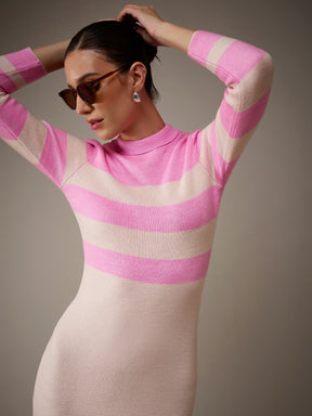 Pink Acrylic Wool High Neck Jumper Dress-SASSAFRAS