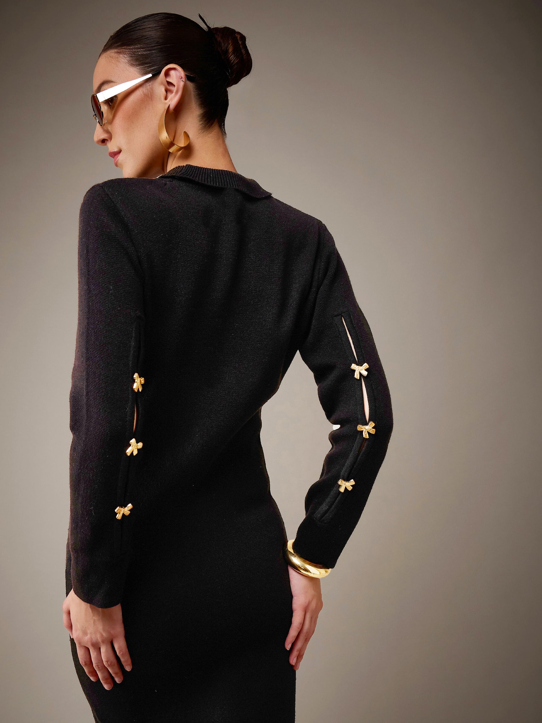 Black Acrylic Wool High Neck Golden Bow Button Jumper Dress-SASSAFRAS