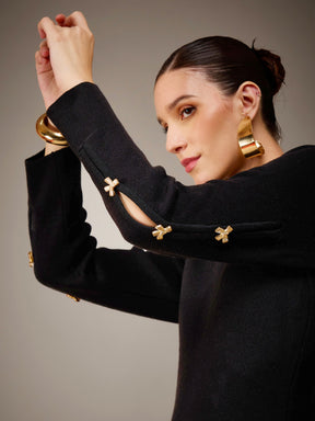 Black Acrylic Wool High Neck Golden Bow Button Jumper Dress-SASSAFRAS