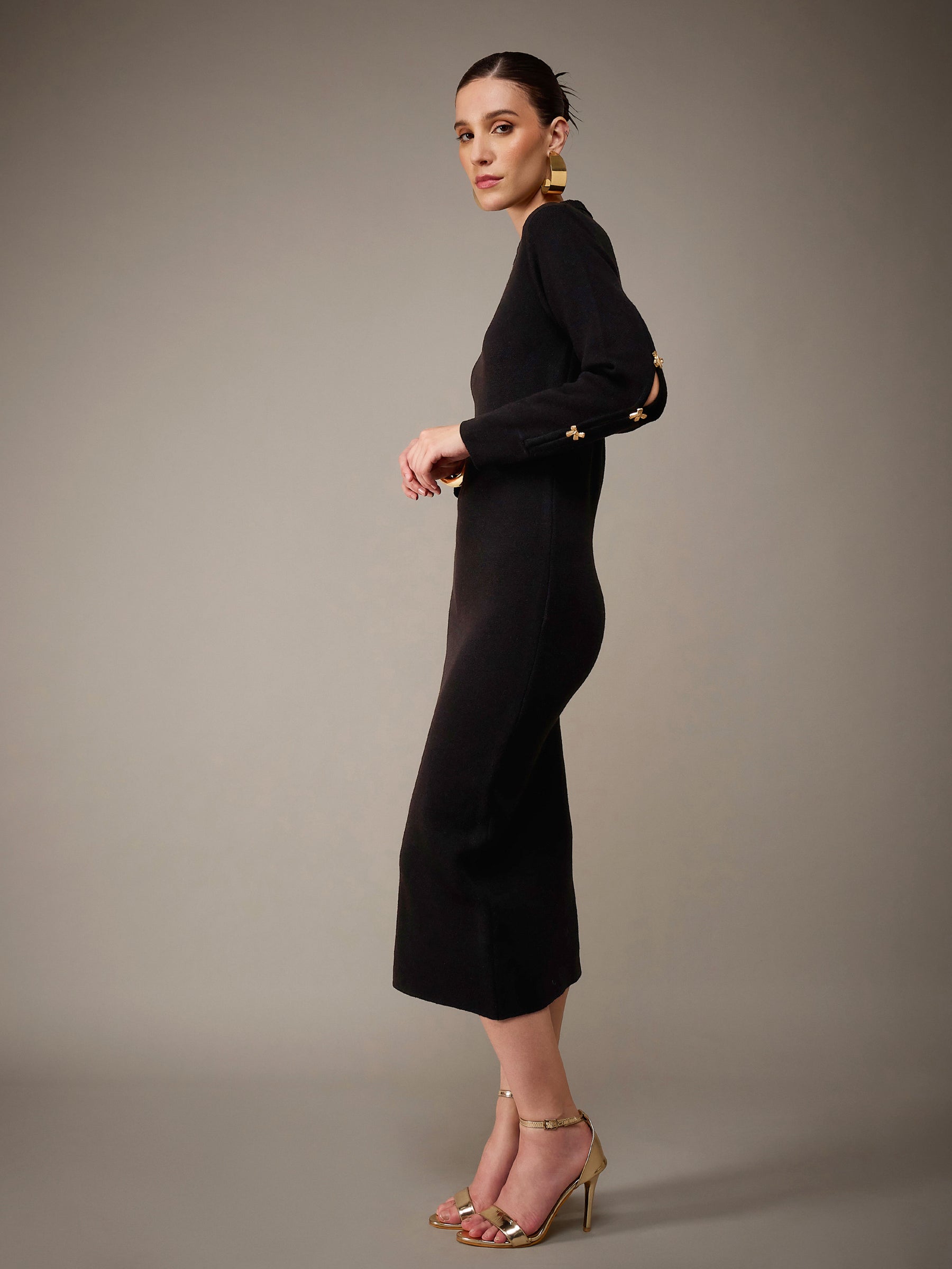 Black Acrylic Wool High Neck Golden Bow Button Jumper Dress-SASSAFRAS