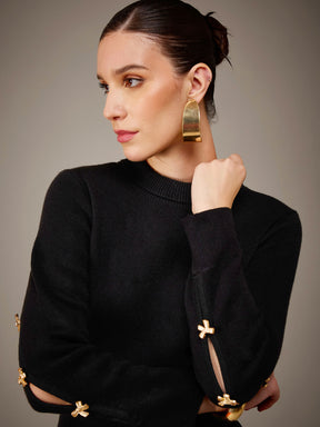 Black Acrylic Wool High Neck Golden Bow Button Jumper Dress-SASSAFRAS