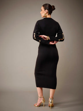 Black Acrylic Wool High Neck Golden Bow Button Jumper Dress-SASSAFRAS