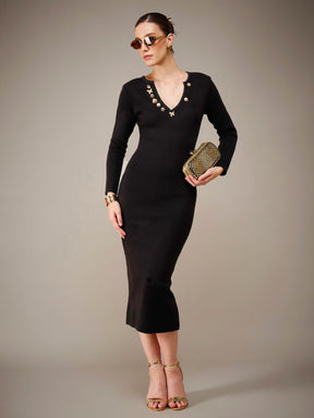 Black Acrylic Wool V-Neck Golden Button Jumper Dress-SASSAFRAS