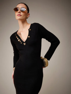 Black Acrylic Wool V-Neck Golden Button Jumper Dress-SASSAFRAS