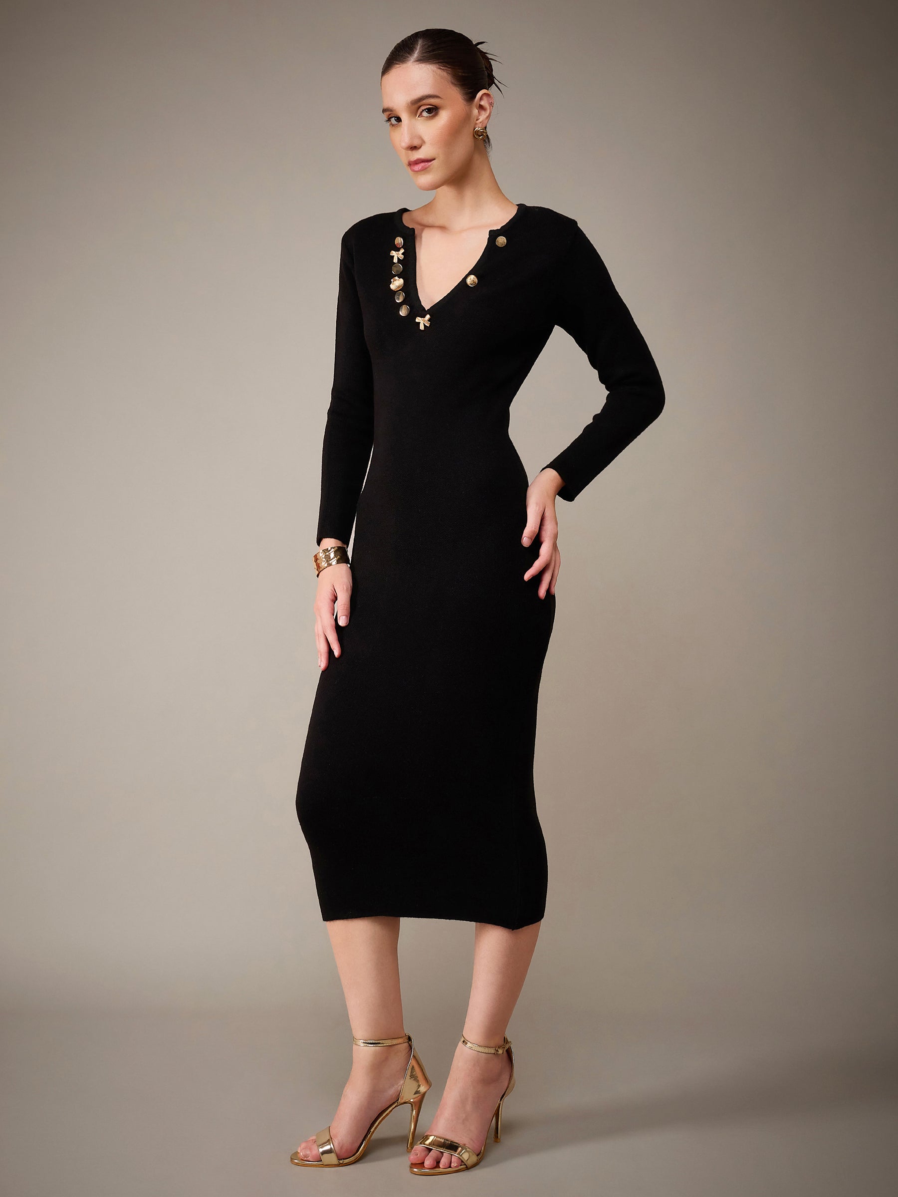 Black Acrylic Wool V-Neck Golden Button Jumper Dress-SASSAFRAS