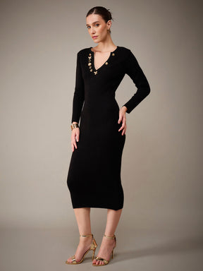 Black Acrylic Wool V-Neck Golden Button Jumper Dress-SASSAFRAS