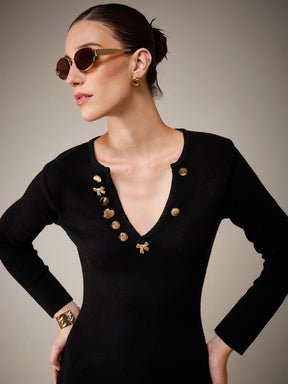 Black Acrylic Wool V-Neck Golden Button Jumper Dress-SASSAFRAS