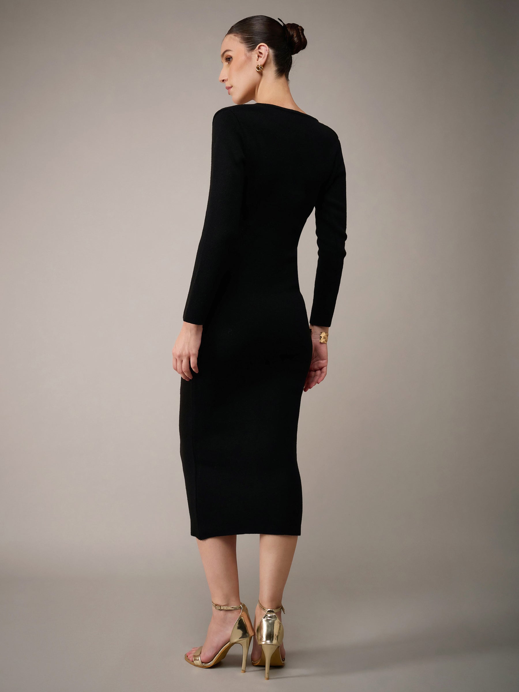 Black Acrylic Wool V-Neck Golden Button Jumper Dress-SASSAFRAS