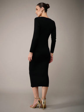 Black Acrylic Wool V-Neck Golden Button Jumper Dress-SASSAFRAS