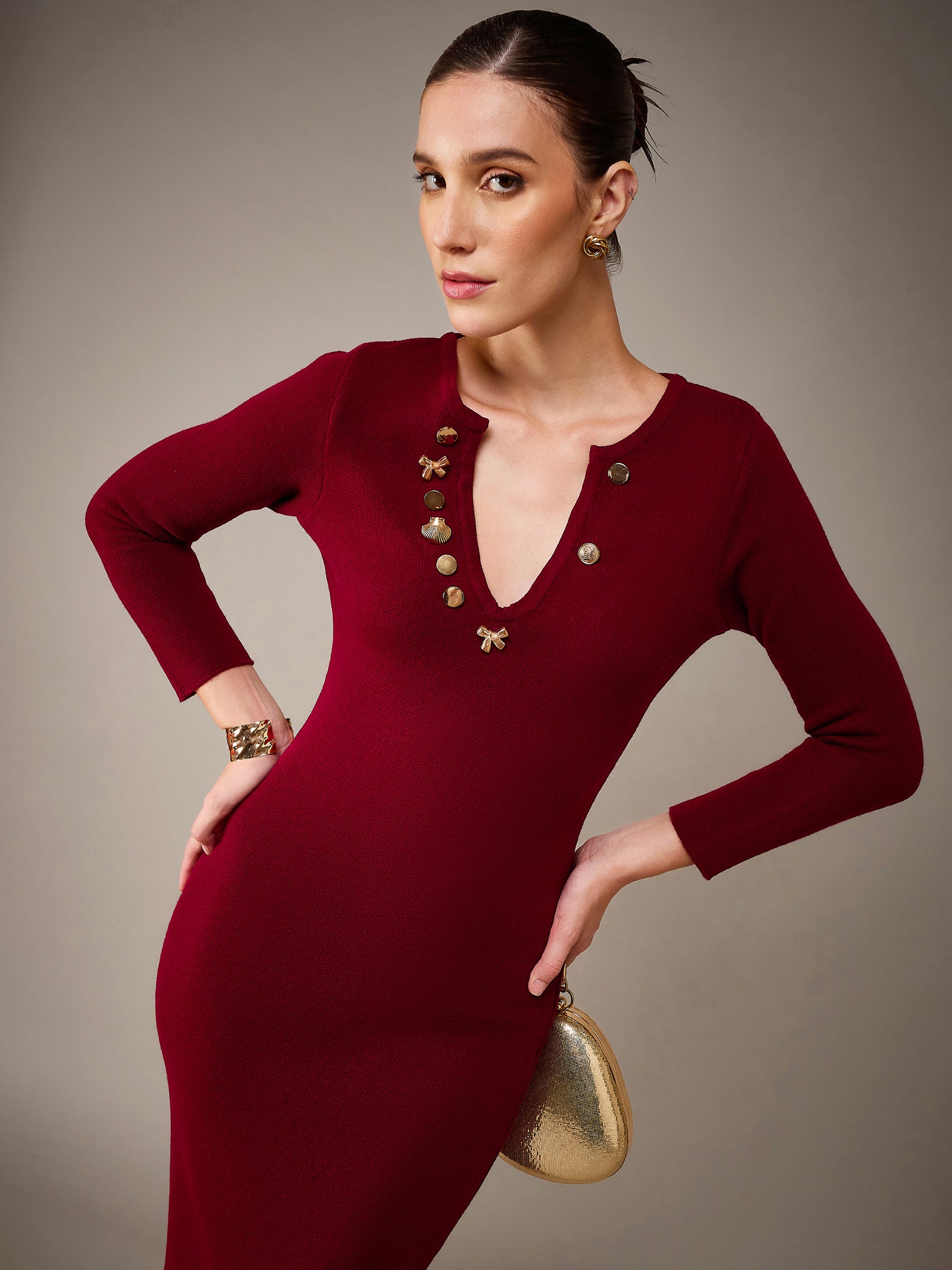 Maroon Acrylic Wool V-Neck Golden Button Jumper Dress-SASSAFRAS