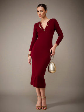 Maroon Acrylic Wool V-Neck Golden Button Jumper Dress-SASSAFRAS