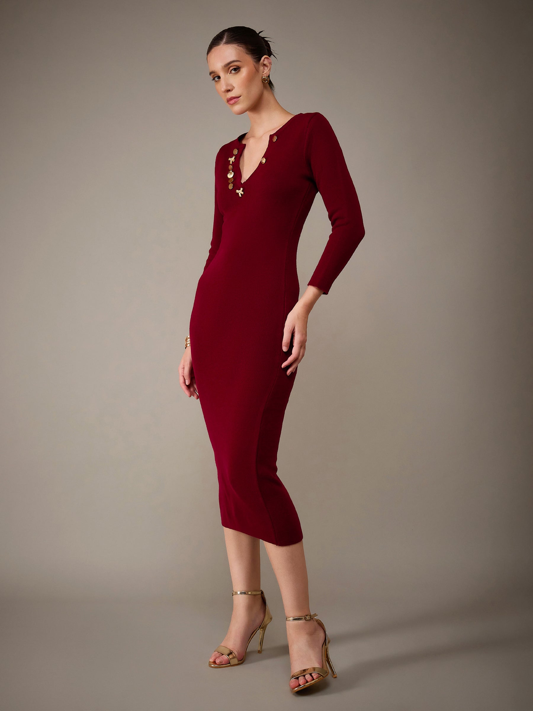 Maroon Acrylic Wool V-Neck Golden Button Jumper Dress-SASSAFRAS