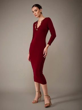 Maroon Acrylic Wool V-Neck Golden Button Jumper Dress-SASSAFRAS