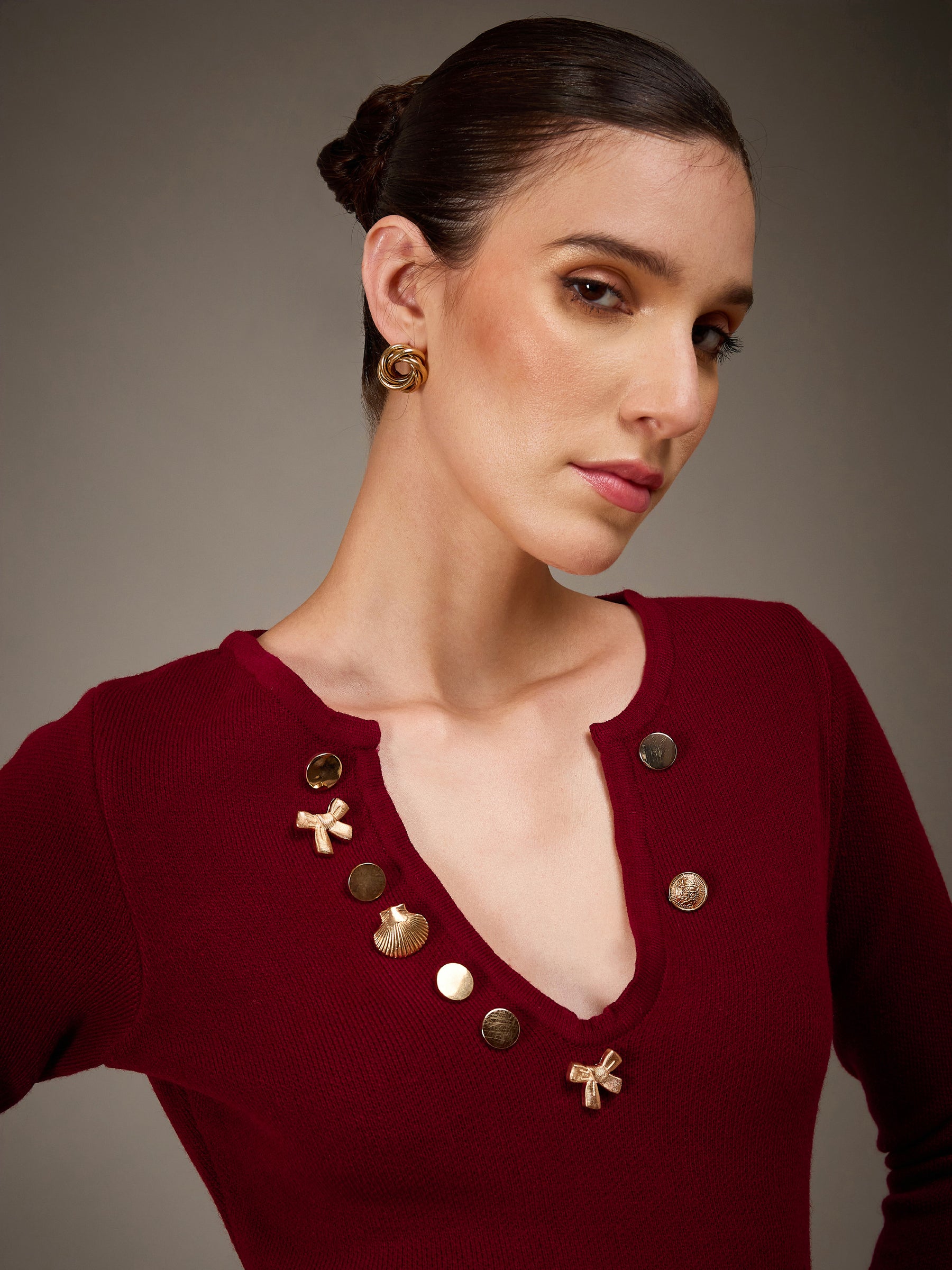 Maroon Acrylic Wool V-Neck Golden Button Jumper Dress-SASSAFRAS