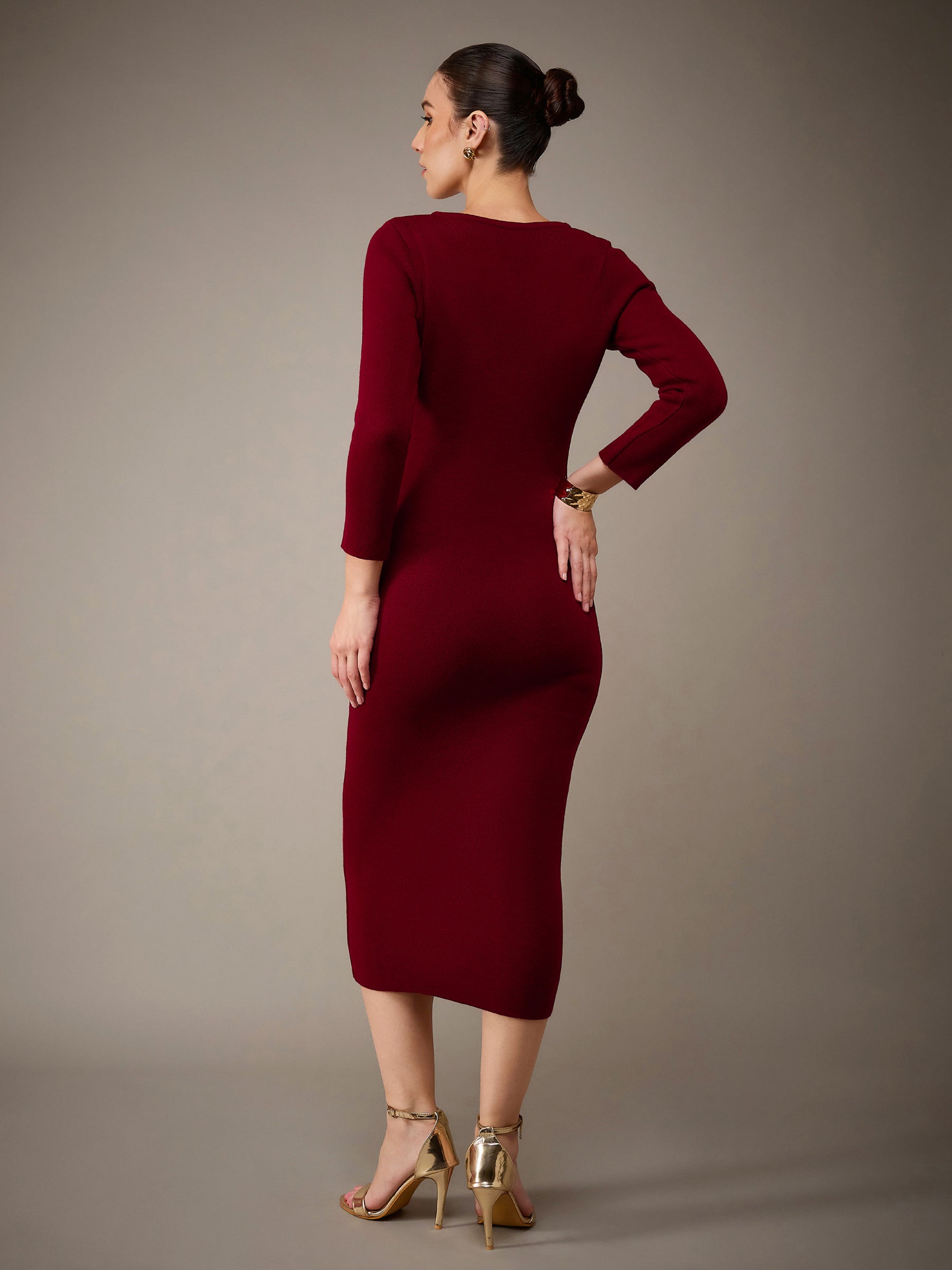Maroon Acrylic Wool V-Neck Golden Button Jumper Dress-SASSAFRAS