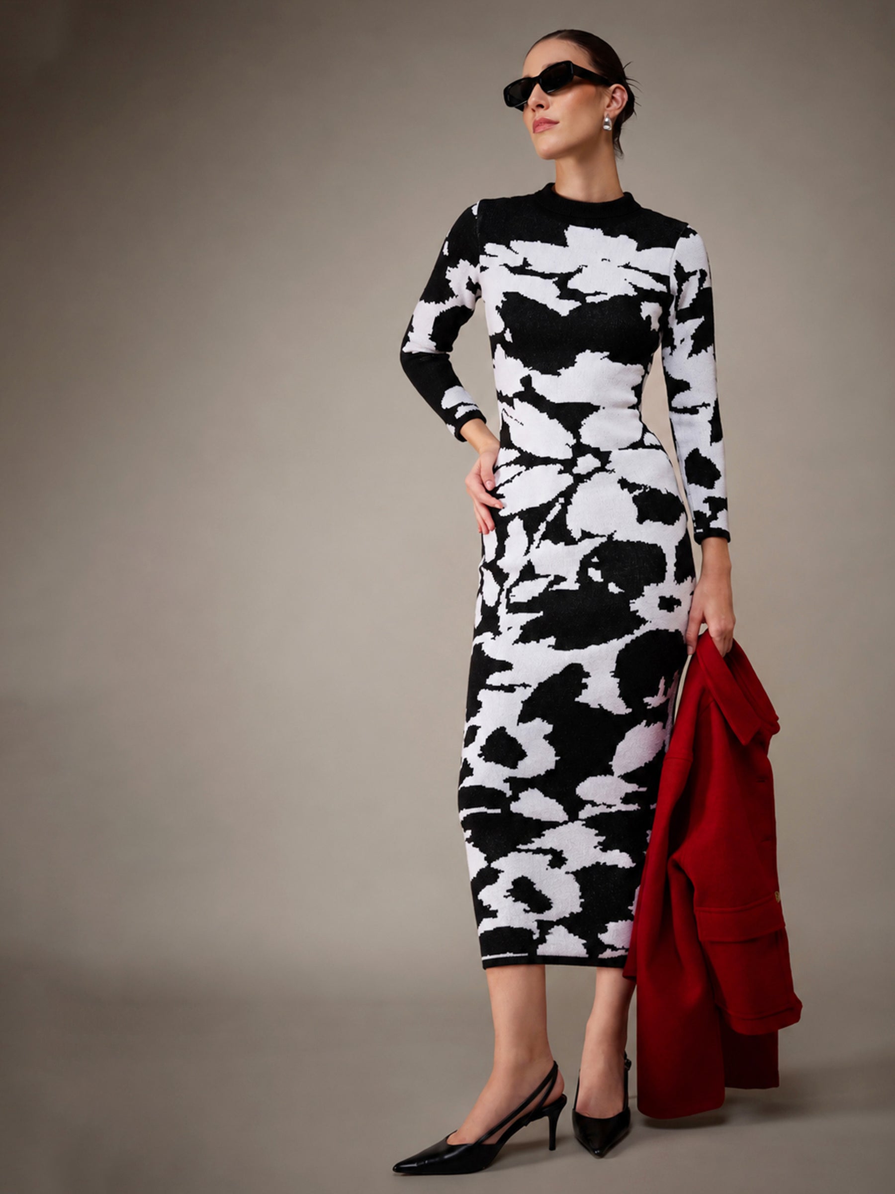 Black & White Jacquard Acrylic Wool Jumper Dress-SASSAFRAS