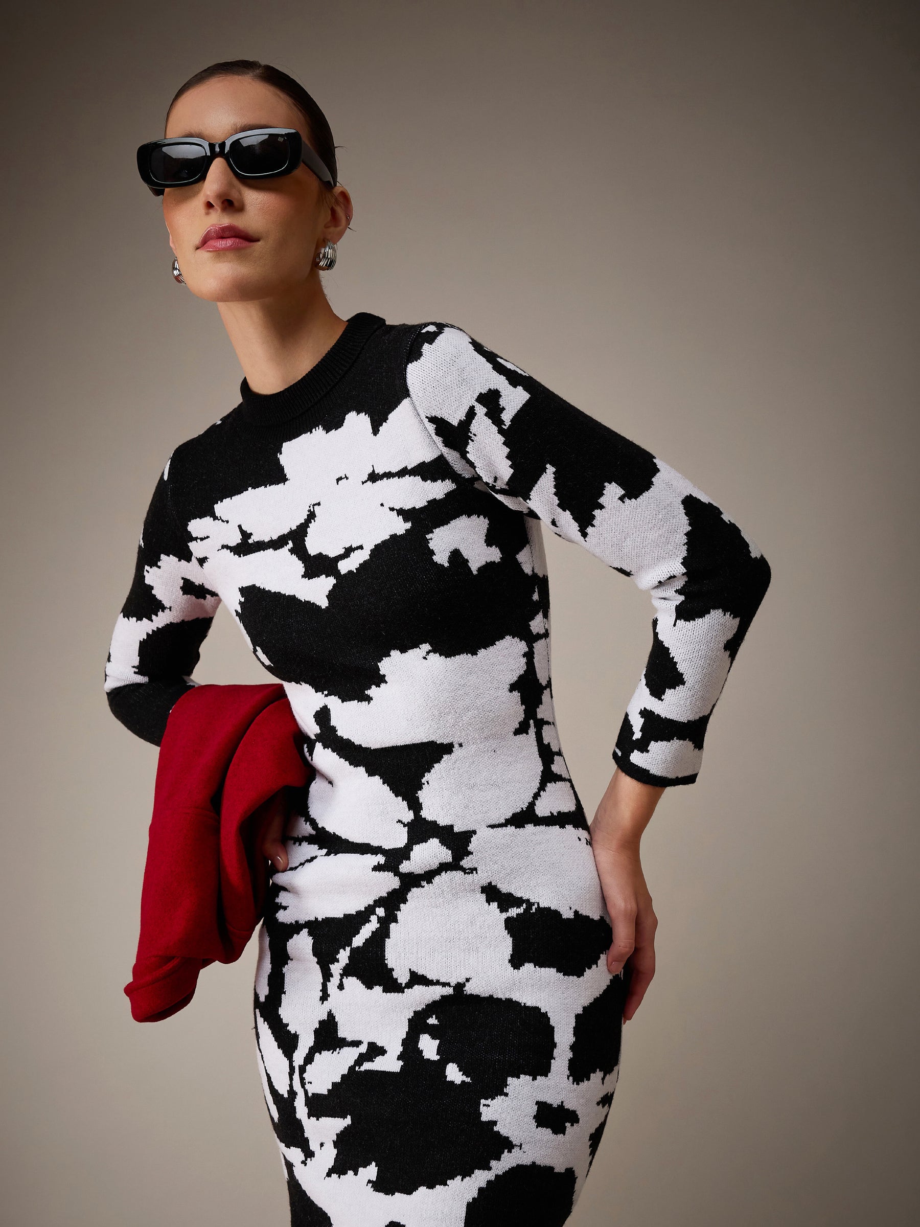 Black & White Jacquard Acrylic Wool Jumper Dress-SASSAFRAS