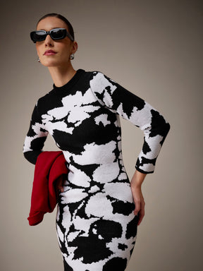 Black & White Jacquard Acrylic Wool Jumper Dress-SASSAFRAS