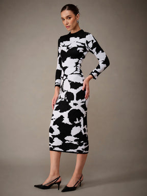 Black & White Jacquard Acrylic Wool Jumper Dress-SASSAFRAS