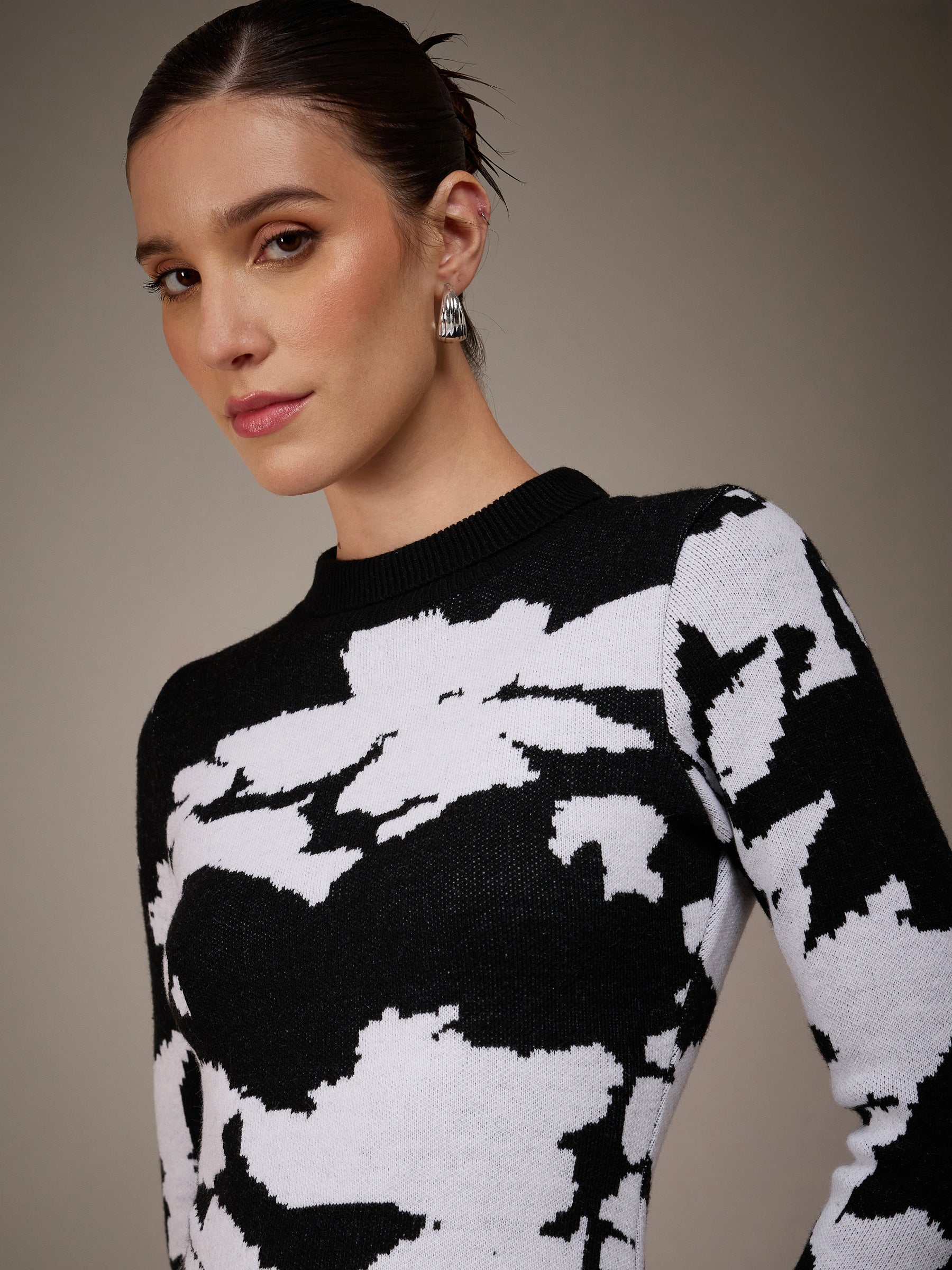 Black & White Jacquard Acrylic Wool Jumper Dress-SASSAFRAS