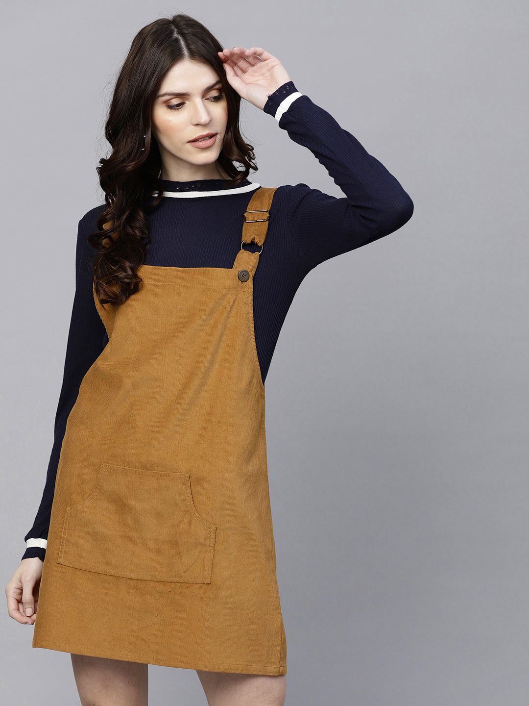 Brown Kangaroo Pocket Corduroy Pinafore