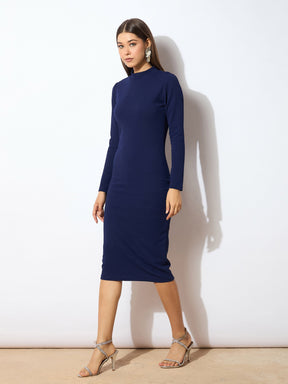 Navy High Neck Bodycon Midi Dress-SASSAFRAS