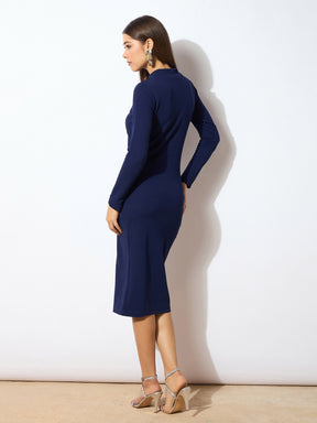 Navy High Neck Bodycon Midi Dress-SASSAFRAS