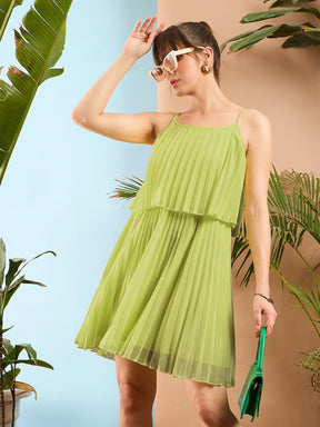 Mint Green Pleated Short Strappy Skater Dress-SASSAFRAS