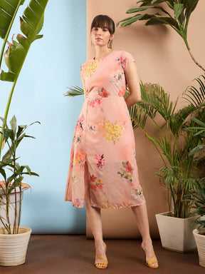 Peach Floral Back Cut Out Dress-SASSAFRAS