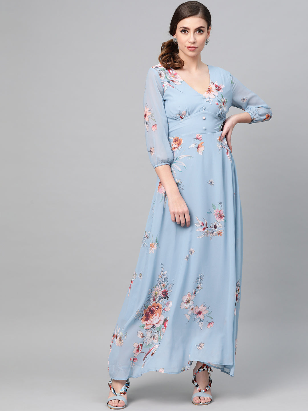 Pale Blue Floral Flared Maxi Dress-SASSAFRAS