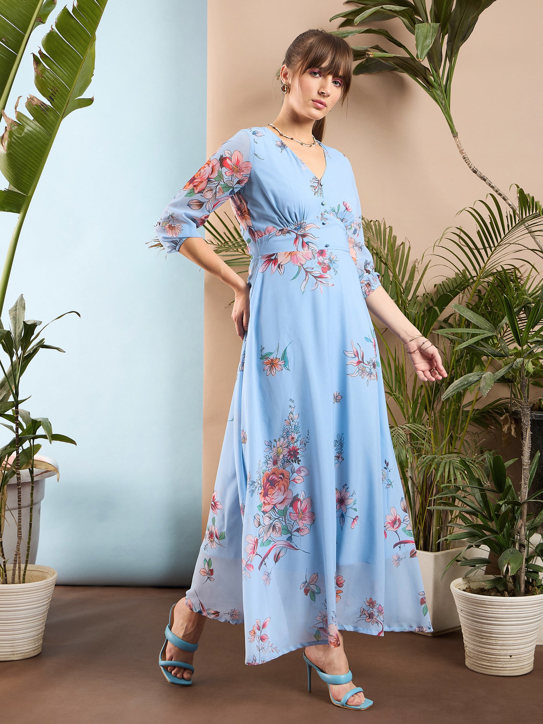 Pale Blue Floral Flared Maxi Dress