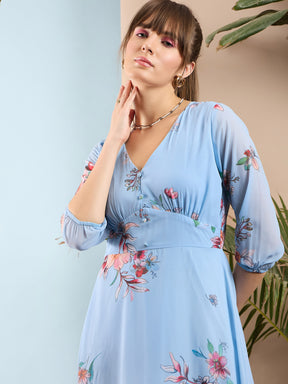 Pale Blue Floral Flared Maxi Dress