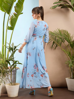 Pale Blue Floral Flared Maxi Dress