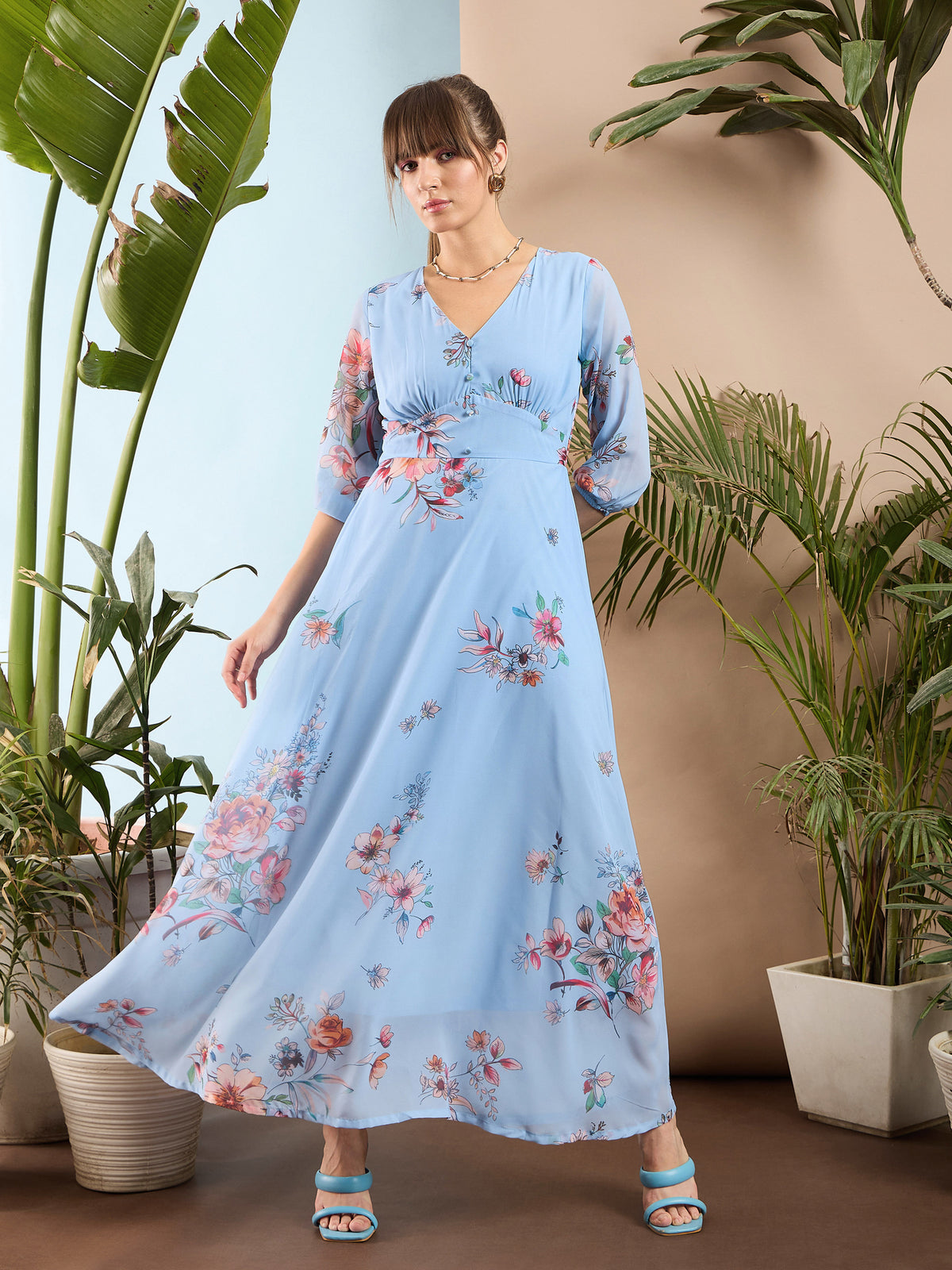 Pale Blue Floral Flared Maxi Dress