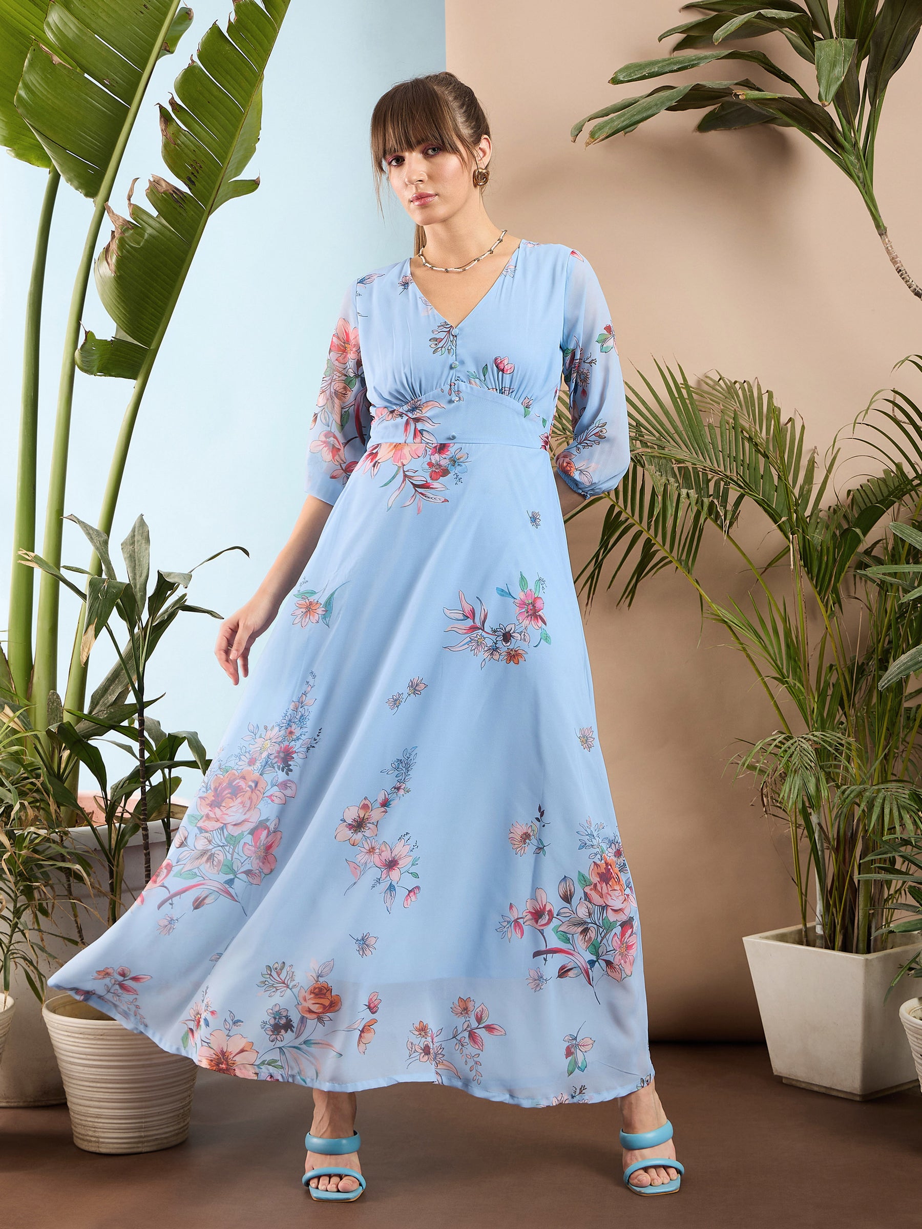 Buy Women Pale Blue Floral Flared Maxi Dress Online At Best Price Sassafras.in