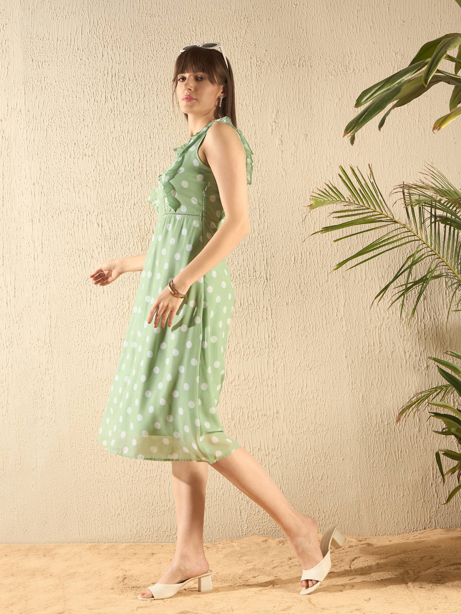 Olive Polka Dot Midi Dress-SASSAFRAS