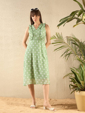 Olive Polka Dot Midi Dress-SASSAFRAS