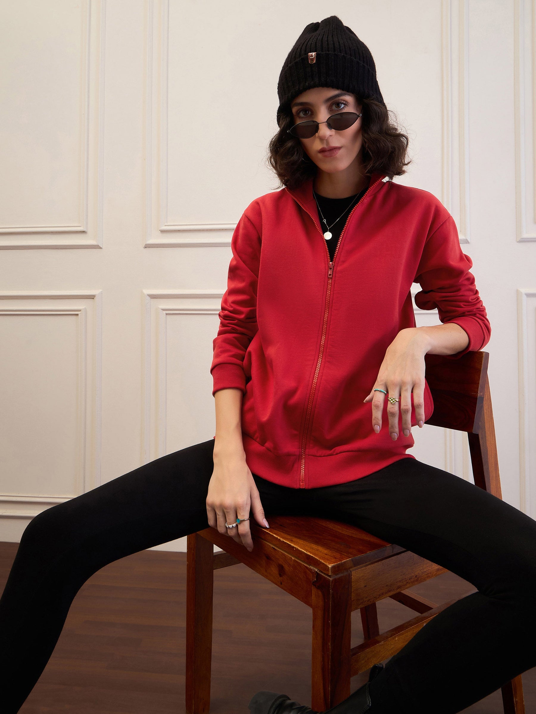 Red Fleece Front Zipper Jacket-SASSAFRAS