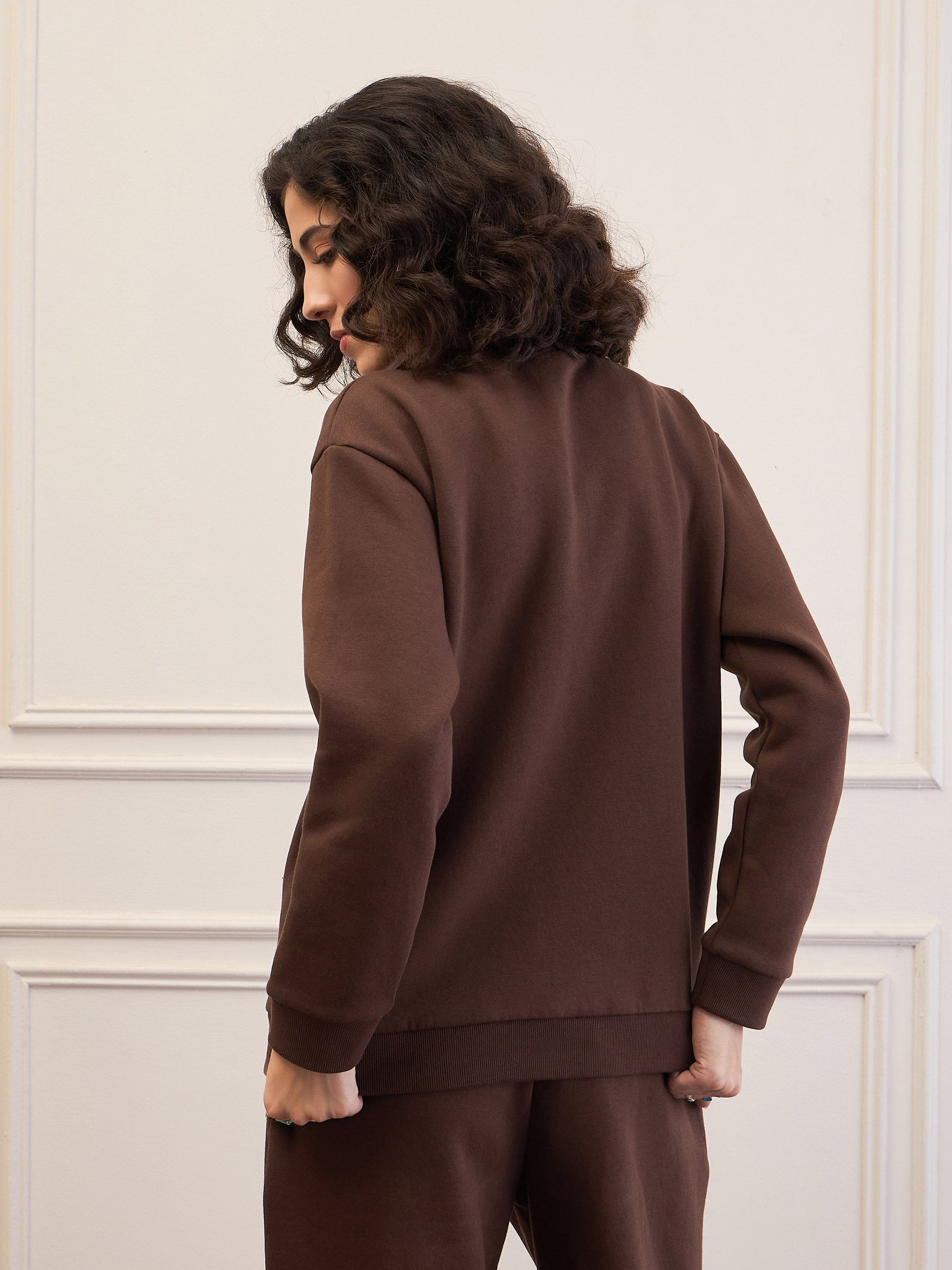 Dark Brown Fleece Zipper Jacket-SASSAFRAS