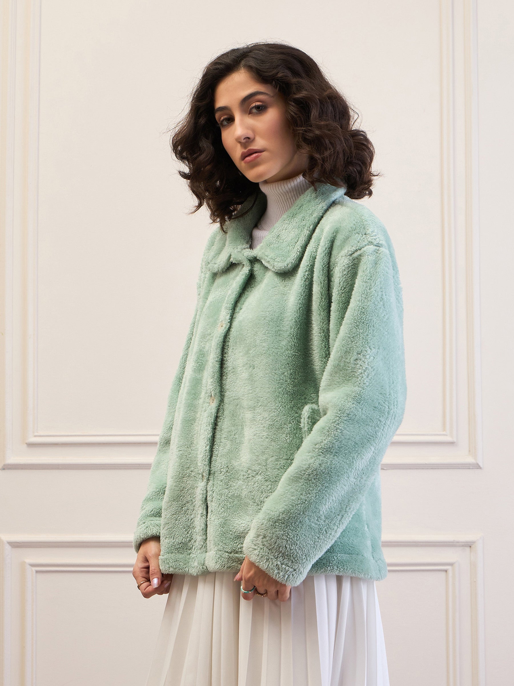 Green Fur Flap Pockets Detail Jacket-SASSAFRAS