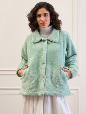 Green Fur Flap Pockets Detail Jacket-SASSAFRAS