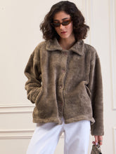 Dark Grey Fur Flap Pockets Detail Jacket-SASSAFRAS