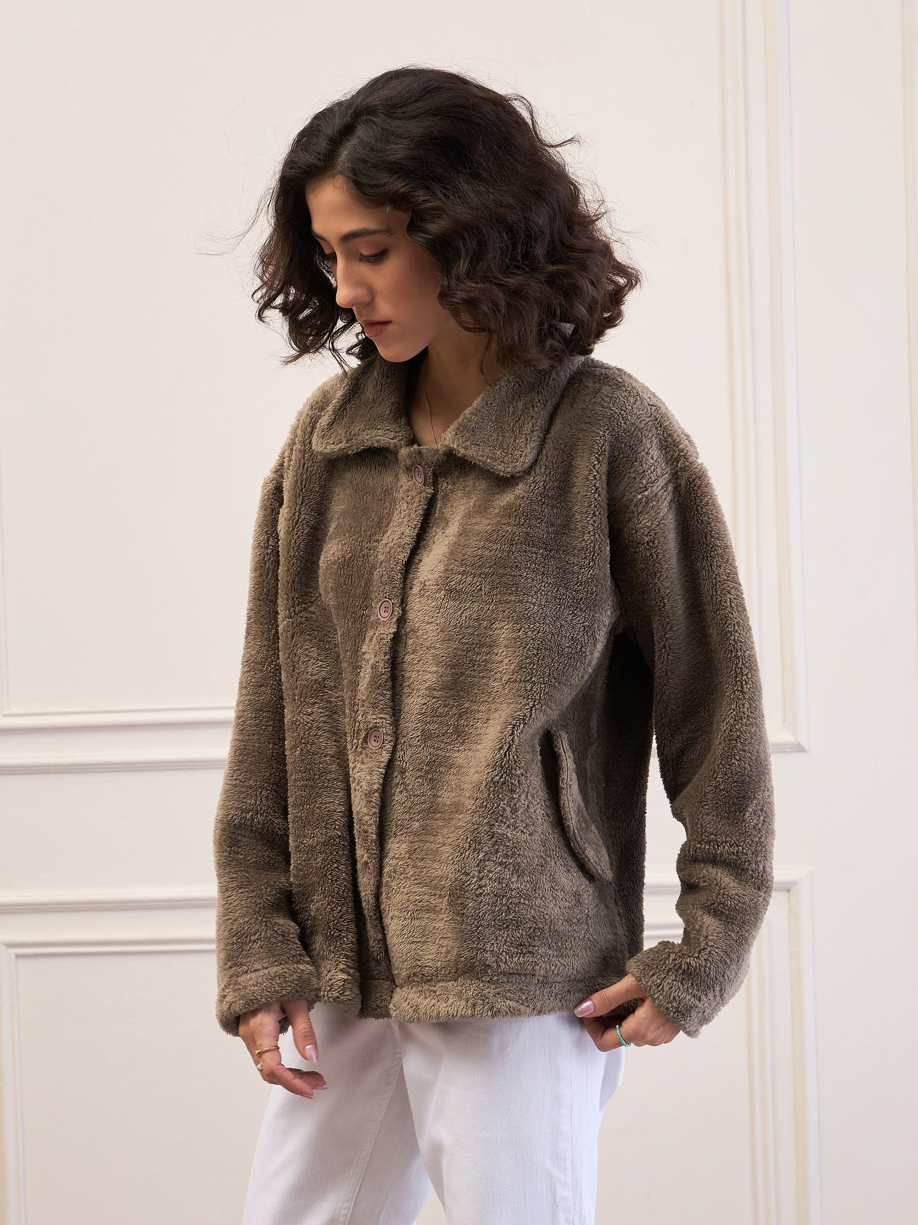 Dark Grey Fur Flap Pockets Detail Jacket-SASSAFRAS