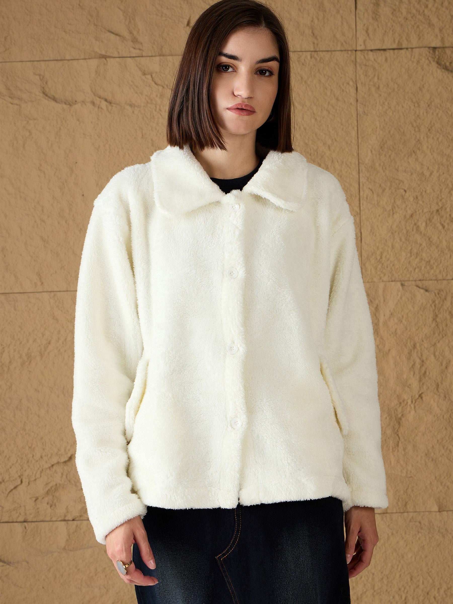 Off White Fur Flap Pockets Jacket-SASSAFRAS