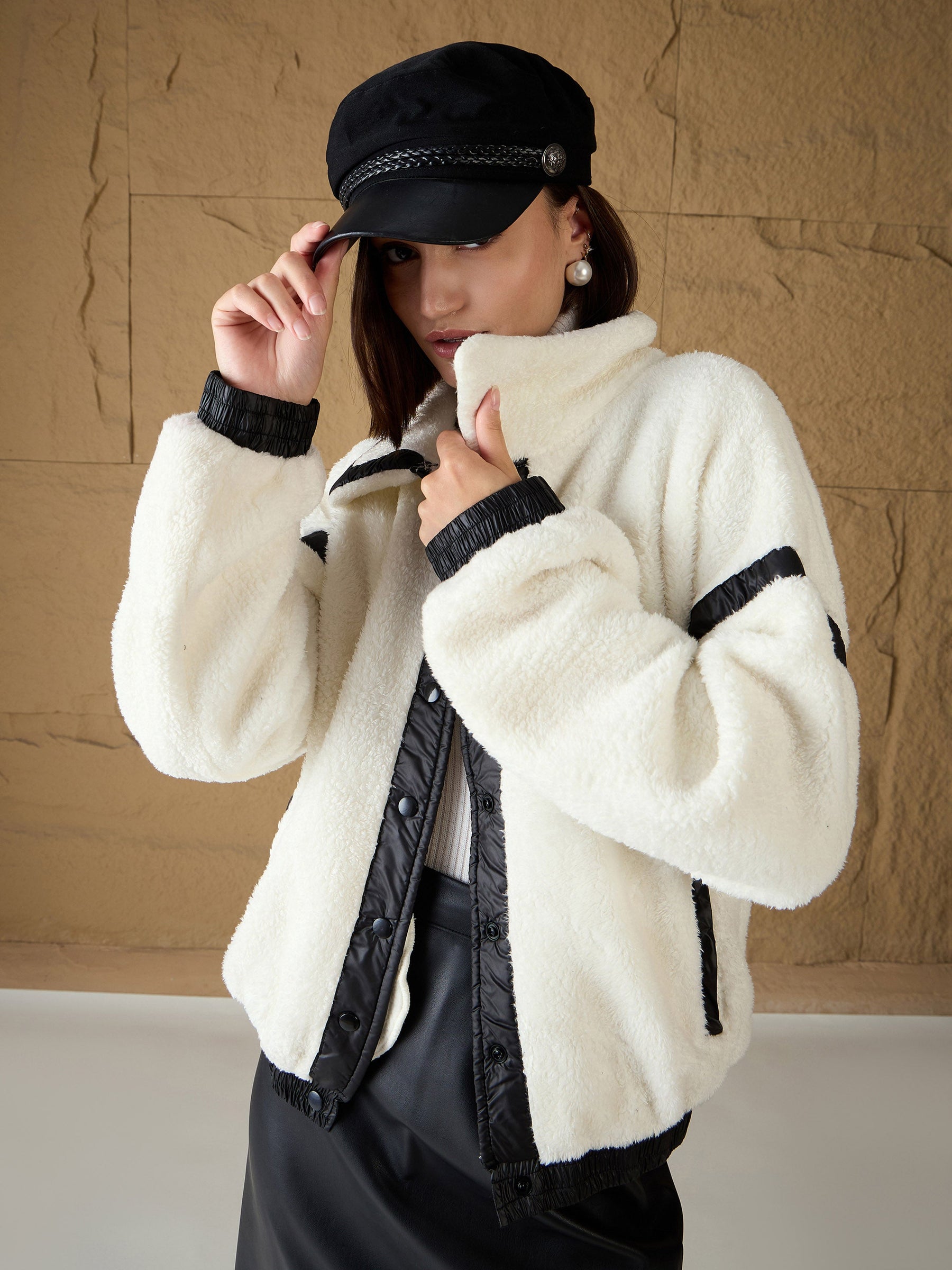 White Fur Contrast Tape Detail Jacket-SASSAFRAS