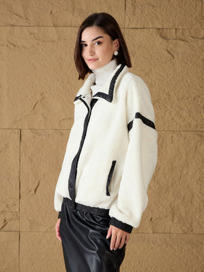 White Fur Contrast Tape Detail Jacket-SASSAFRAS