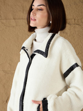 White Fur Contrast Tape Detail Jacket-SASSAFRAS